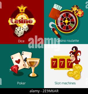 Set di concetto di design del casinò con slot machine di poker a dadi roulette icone illustrazione vettoriale isolata Illustrazione Vettoriale