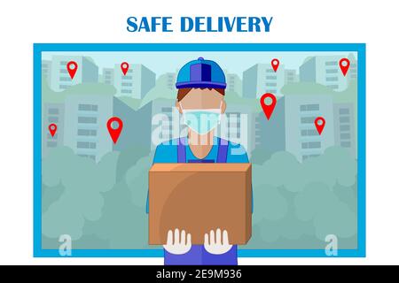 Consegna sicura di cibo o merci a casa durante l'epidemia di covid-19. Corriere che tiene una scatola con il fast food e merci. Servizio di consegna. Rimani a casa.Vector Illustrazione Vettoriale