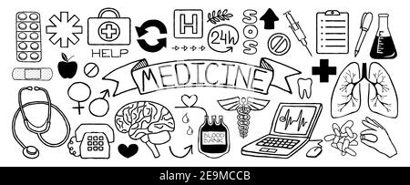 Doodles medico insieme di icone isolate su sfondo bianco Illustrazione Vettoriale
