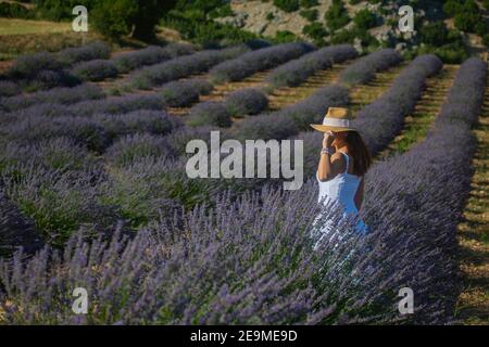 La donna in abito bianco in piedi nel mezzo di un campo di lavanda in Turchia. Foto Stock