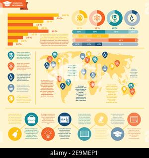 Infografiche dell'istruzione impostate con simboli e carte della scienza e dell'apprendimento illustrazione vettoriale Illustrazione Vettoriale