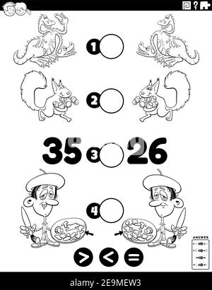 Cartoni animati in bianco e nero illustrazione di un gioco di puzzle matematico educativo di maggiore, minore o uguale a per i bambini con personaggi divertenti Illustrazione Vettoriale