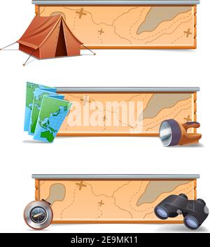 Banner escursionistici orizzontale set con realistico tenda mappa bussola isolato illustrazione vettoriale Illustrazione Vettoriale