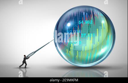 Pericolo di bolla economica e scoppio finanziario o come una speculazione di affari del mercato azionario con un concetto del venditore corto del businessman. Foto Stock