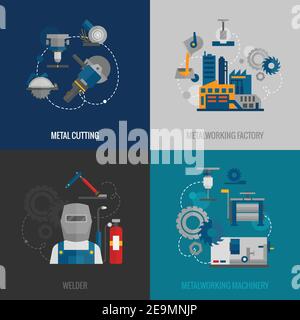Fabbrica di lavorazione dei metalli e macchine da taglio 4 icone piatte composizione con pittogrammi dell'apparecchiatura di saldatura illustrazione vettoriale isolata astratta Illustrazione Vettoriale