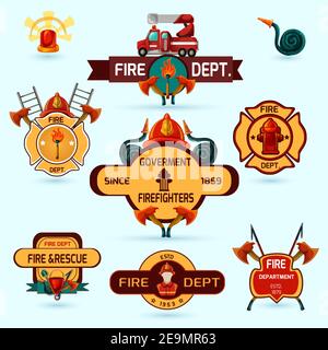 I volontari vigili del fuoco e gli emblemi professionali del reparto impostano un'illustrazione vettoriale isolata Illustrazione Vettoriale