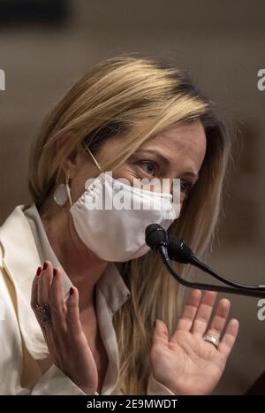 Roma, Italia. 05 febbraio 2021. Roma, Delegazione dei Fratelli d'Italia al termine dell'incontro con Mario Draghi, ha raffigurato: Giorgia Meloni Credit: Agenzia fotografica indipendente/Alamy Live News Foto Stock