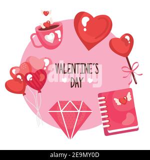 pacchetto di sei felice valentines giorno set icone intorno di lettere Illustrazione Vettoriale