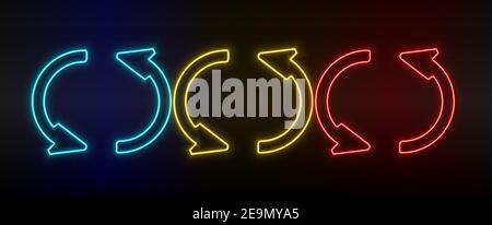 Caricamento set icone neon, aggiornamento. Set di icone vettoriali al neon rosse, blu e gialle Illustrazione Vettoriale