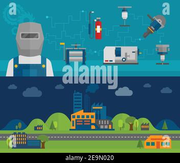 Macchine per fonderia e lavorazione metalli elementi infografici 2 piatti gli striscioni orizzontali impostano l'illustrazione vettoriale isolata astratta Illustrazione Vettoriale