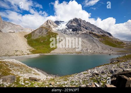 Lago lungo lago alpino. Parc National de la Vanoise. La montagna Grande casse. Francia. Europa. Foto Stock