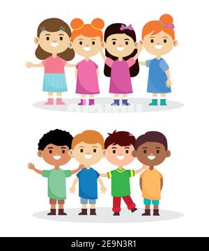 gruppo di otto personaggi bambini felici e interrazziali Illustrazione Vettoriale