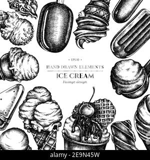 Design con ciotole per gelato bianco e nero, secchio per gelato, gelato alla papsicola, coni per gelato, Illustrazione Vettoriale