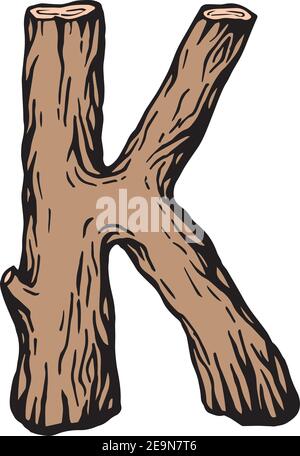 Incisione colorata lettera K in legno con foglie sopra lo sfondo bianco Illustrazione Vettoriale