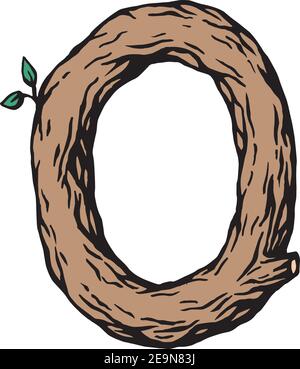 Incisione colorata lettera o in legno con foglie sopra lo sfondo bianco Illustrazione Vettoriale