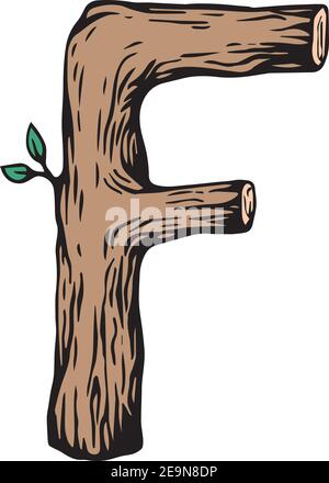 Incisione colorata lettera F in legno con foglie sopra lo sfondo bianco Illustrazione Vettoriale