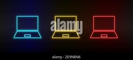 Notebook con set di icone al neon. Set di icone vettoriali al neon rosse, blu e gialle Illustrazione Vettoriale