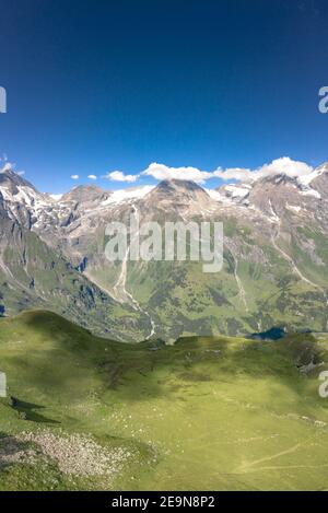 Colpo di drone aereo di bestiame sentito sul prato con Grossglockner Vista sulla catena montuosa in Austria Foto Stock