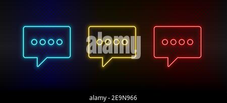 Icona neon Imposta chat, fumetto chat. Set di icone vettoriali al neon rosse, blu e gialle Illustrazione Vettoriale