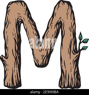 Incisione colorata lettera M in legno con foglie sopra lo sfondo bianco Illustrazione Vettoriale