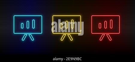 Analisi del set di icone al neon, scheda grafica. Set di icone vettoriali al neon rosse, blu e gialle Illustrazione Vettoriale