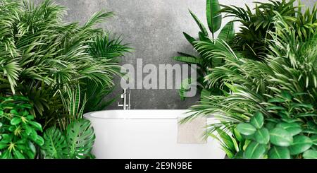 Interni dal design moderno con bagno con parete in cemento e ornamentale green plants 3d rendering illustrazione 3d Foto Stock