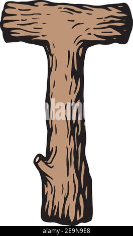 Incisione colorata lettera T in legno con foglie sopra lo sfondo bianco Illustrazione Vettoriale