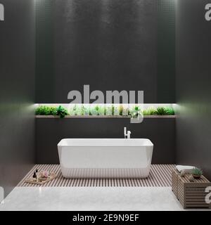 Interni dal design moderno con bagno con parete in cemento nero e. piante verdi ornamentali 3d rendering illustrazione 3d Foto Stock