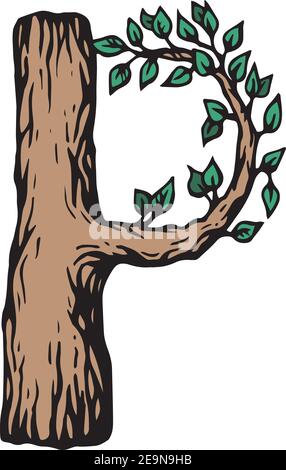 Incisione colorata lettera P in legno con foglie sopra lo sfondo bianco Illustrazione Vettoriale