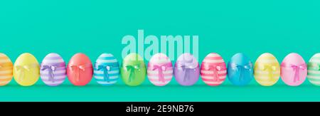 Uova di Pasqua colorate su sfondo verde, biglietto di auguri di Pasqua felice 3D rendere illustrazione 3D Foto Stock