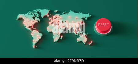 Mappa del mondo con pulsante di ripristino globale rappresentazione 3d illustrazione Foto Stock