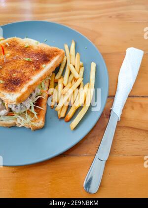 Colpo verticale di un delizioso sandwich e patatine fritte su una piastra blu Foto Stock