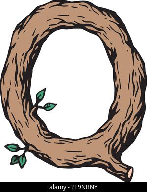 Incisione colorata lettera Q in legno con foglie sopra lo sfondo bianco Illustrazione Vettoriale
