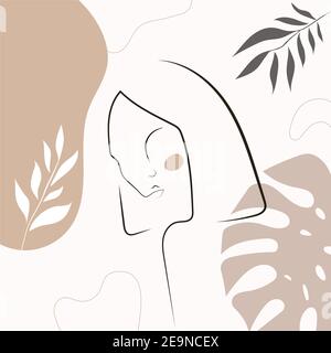 Semplice viso estetico lineare femminile. Foglio grafico. Disegno vettoriale. Disegno di linea. Ritratto femminile. Fogliame. Riassunto. Illustrazione vettoriale Illustrazione Vettoriale