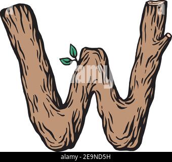 Incisione colorata lettera W in legno con foglie sopra lo sfondo bianco Illustrazione Vettoriale