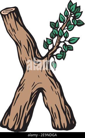 Incisione colorata lettera X in legno con foglie sopra lo sfondo bianco Illustrazione Vettoriale