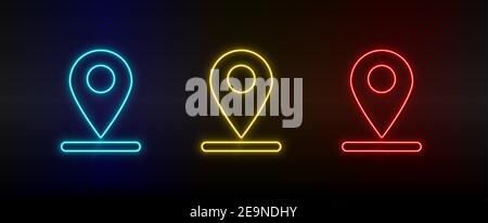 Icona neon posizione impostata, navigazione. Set di icone vettoriali al neon rosse, blu e gialle Illustrazione Vettoriale