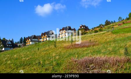 Paesaggio montano con una casa di villaggio in primo piano, un prato verde sulla montagna contro uno sfondo di alberi di abete rosso su un luminoso e soleggiato d Foto Stock