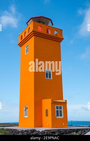 Faro di Svortuloft nella penisola di Snaefellsnes in Islanda Foto Stock