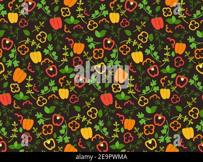 Peperone ed erbe cartone animato senza cuciture modello. Ortaggi disegnati a mano: Paprika gialla, verde e rossa. Piatto vettoriale pepato colorato, carta da imballaggio insalata, disegno menu, piastrelle sfondo nero Illustrazione Vettoriale