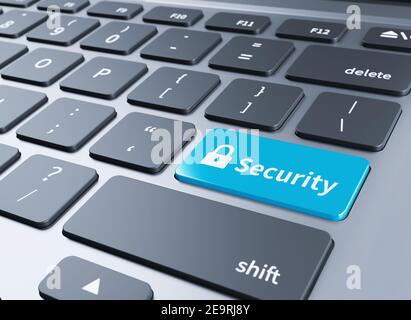 Pulsante di sicurezza blu sulla tastiera.illustrazione 3d Foto Stock