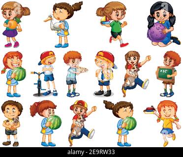 I bambini che fanno diverse attività cartoni animati set di caratteri su sfondo bianco illustrazione Illustrazione Vettoriale