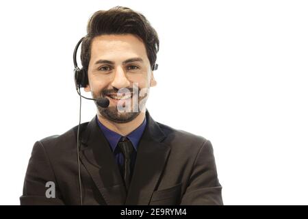 Operatore maschio sorriso felice, Business call center servizio ritratto su sfondo bianco Foto Stock