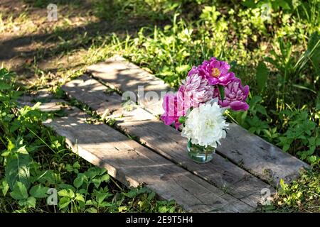 Un bouquet di grandi peonie bianche e rosa in un vaso di vetro su un ponte di legno nel giardino. Fioritura. Foto Stock