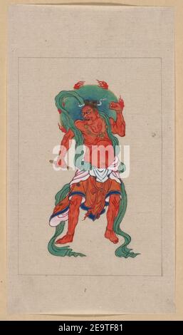Buddista mitologici o indù la figura di intera lunghezza, in piedi, rivolto verso la parte anteriore, con lunghi Sash verde e fiamme di alone verde dietro la testa Foto Stock