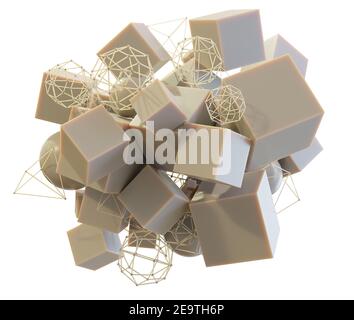 Arte astratta di cubi, sfere e oggetti a reticolo Foto Stock