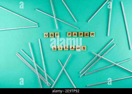Utilizzare cannucce di carta. Parole scritte da lettere di legno in una frase. Paglia di carta per cocktail. Vista dall'alto. Zero sprechi, protezione ambientale da pla Foto Stock