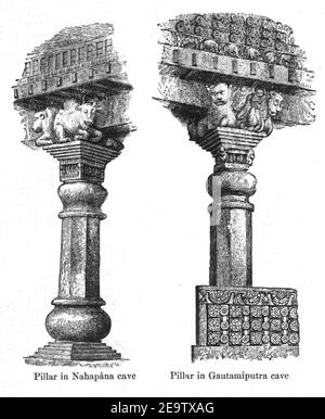 Nahapana (Grotta 10) vs Gautamiputra (Grotta 3) colonne nelle grotte di Nasik. Foto Stock