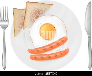 Uova fritte, toast e salsicce, servite su un piatto bianco con forchetta e coltello. Illustrazione vettoriale. Illustrazione Vettoriale