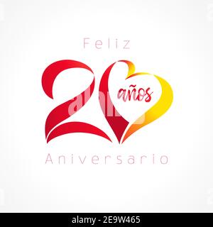 20 numeri decorativi creativi e testo calligrafico in spagnolo Buon anniversario. 20 anni in lingua spagnola. Buon giorno di San Valentino congrati decorare Illustrazione Vettoriale